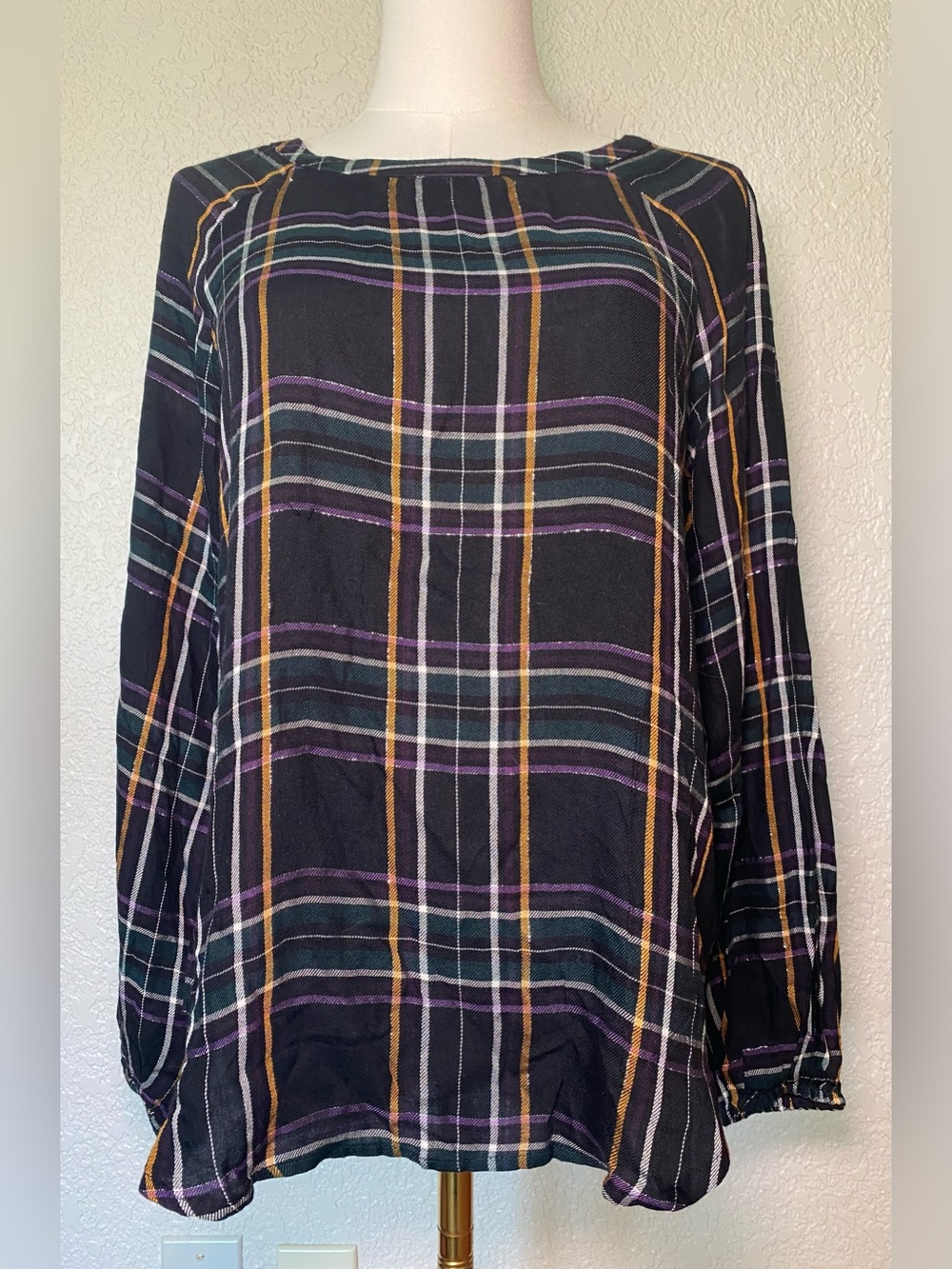 NWT LOFT XS Plaid Blouse Black Green Purple Mustard Long Sleeve